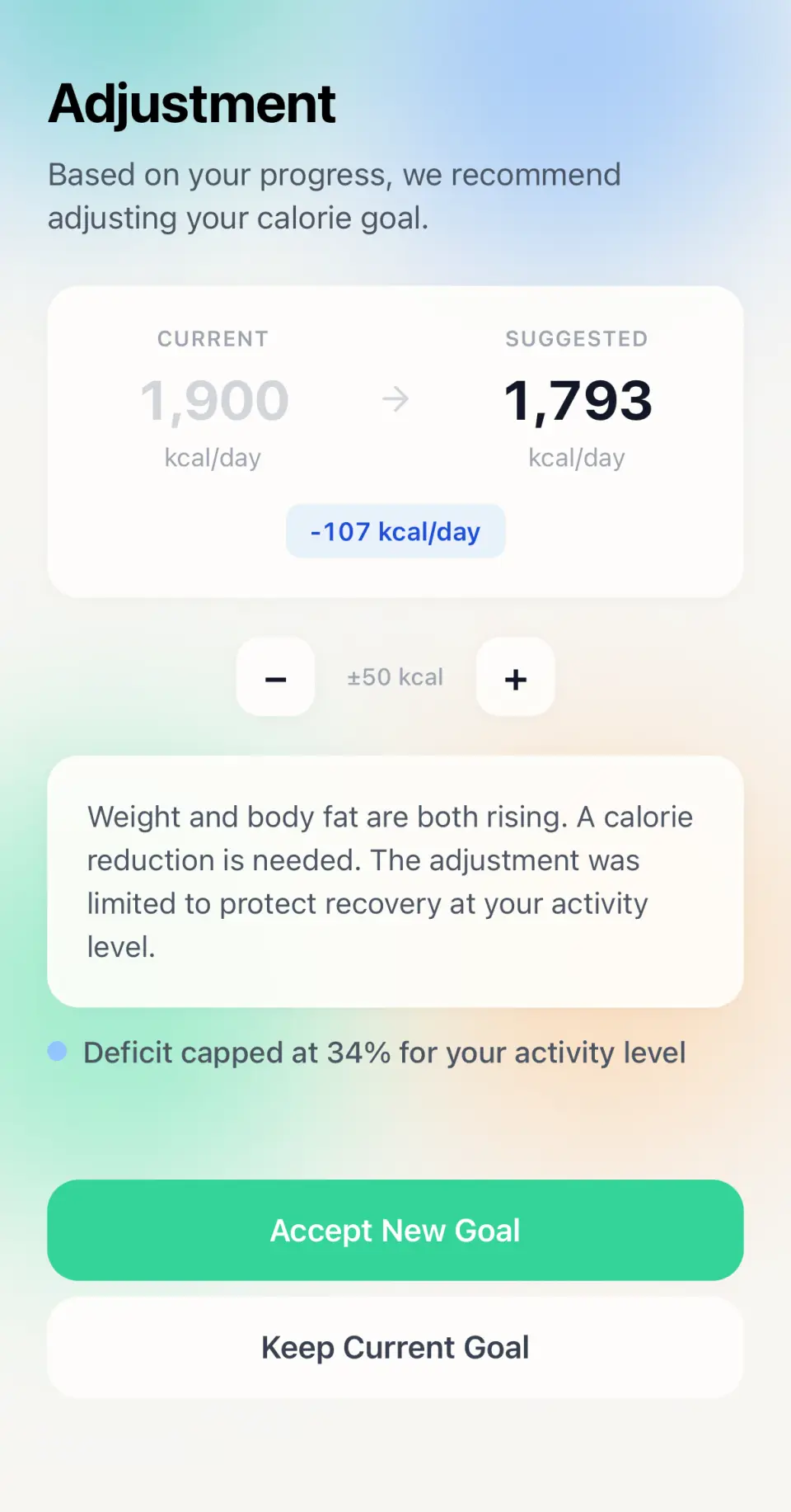 Deficit weekly adjustment — calorie target re-tuned from the week